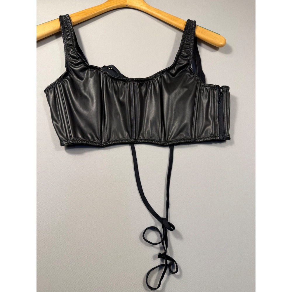 Victoria's Secret Black Faux Leather Lace Up Corset Crop Top M/L